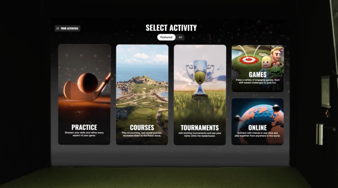 A digital interface displays menu options: Practice, Courses, Tournaments, Games, and Online under "Select Activity" for a golf-related platform.