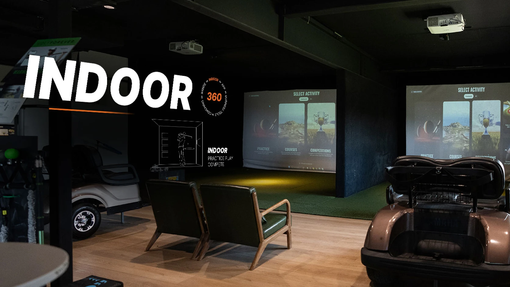 Indoor golf simulation room with two screens displaying golf courses, golf carts, and seating area under dim lighting.