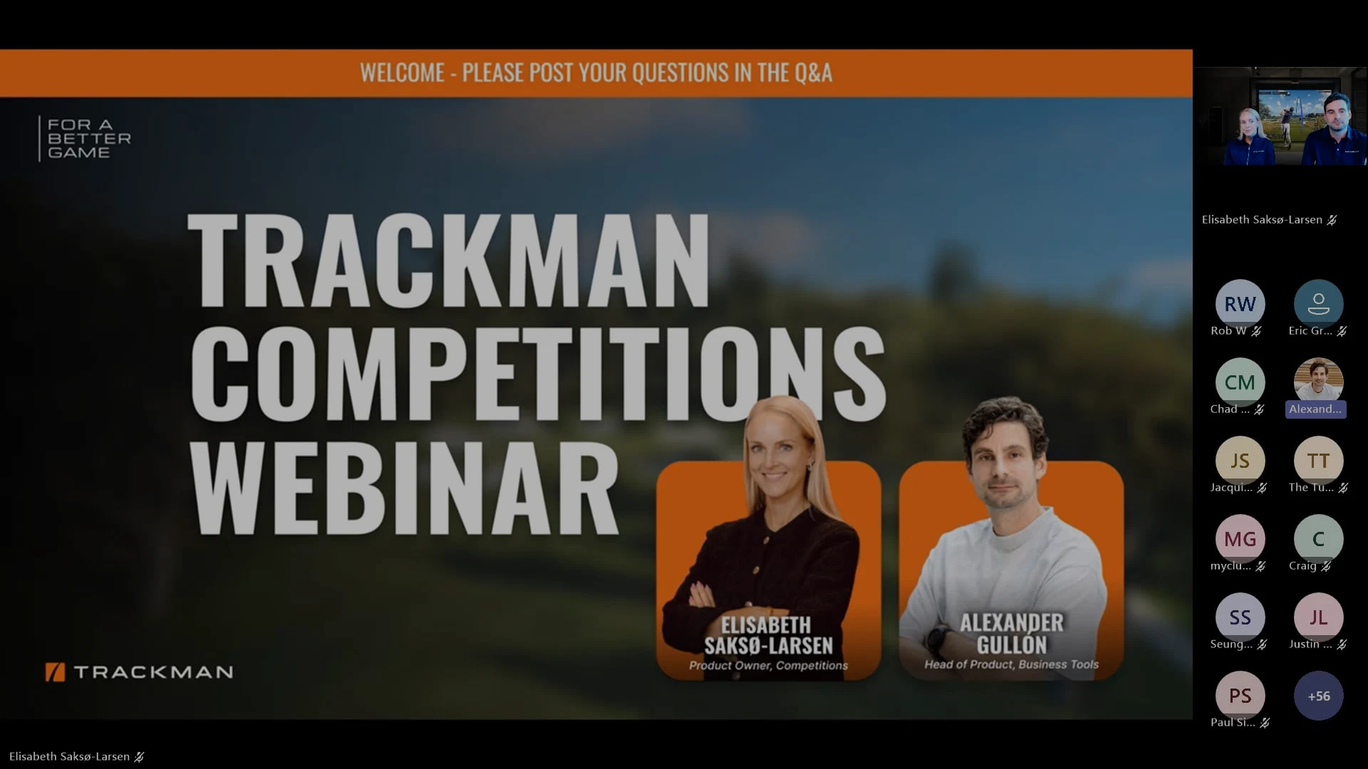 Trackman Competitions Webinar with photos of two presenters, Elisabeth Saksø-Larsen and Alexander Gullon, and a virtual meeting participant list.