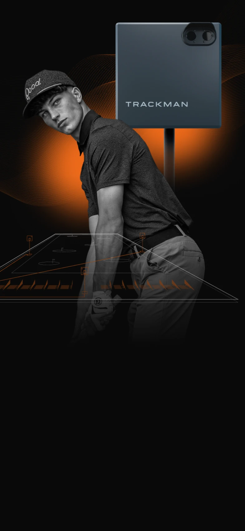 A golfer prepares to swing, with a Trackman device in the background. The image features dynamic digital overlays and an orange glow.