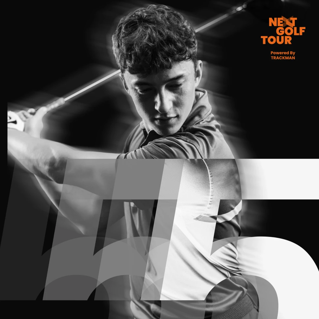 Black and white image of a golfer swinging a club, with dynamic motion blur. "Next Golf Tour" logo and geometric overlay on the image.