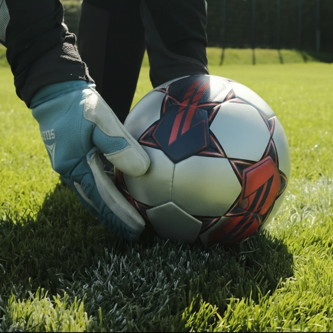 Close-up of a soccer player wearing blue gloves, placing a FIFA-branded ball on a grass field.