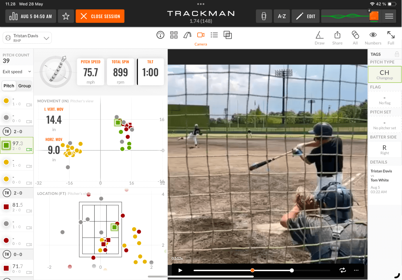 Trackman Baseball live-at-bat analysis screen showing speed, spin, and movement data, with a video of a batter and catcher on a field.