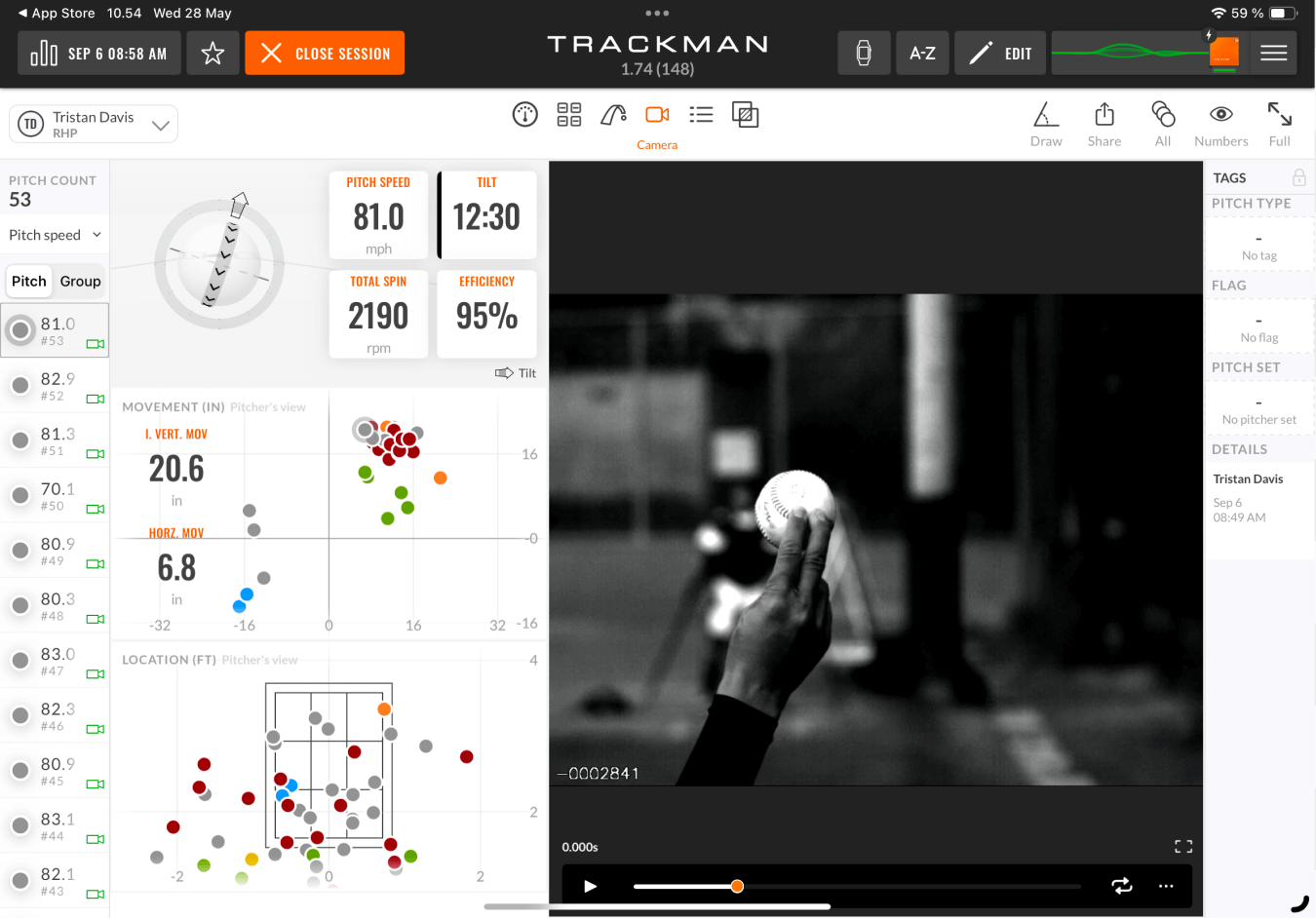 Trackman Baseball pitch analysis screen showing pitch speed, spin rate, and movement data, alongside a black-and-white image of a hand holding a baseball.