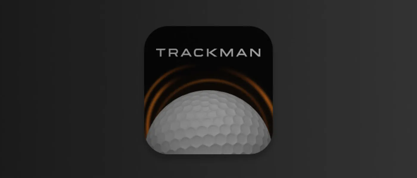 TrackMan app icon featuring a golf ball with orange arcs above it on a dark background.