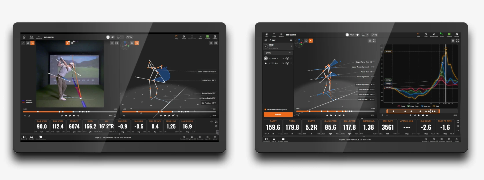 Two tablets display golf swing analytics with detailed metrics, including club speed and ball spin, alongside visual graphs and diagrams.