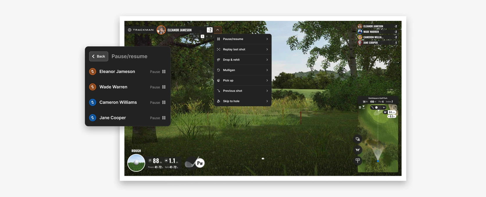 Golf simulator interface displaying player options and a lush outdoor scene with trees and a fairway.