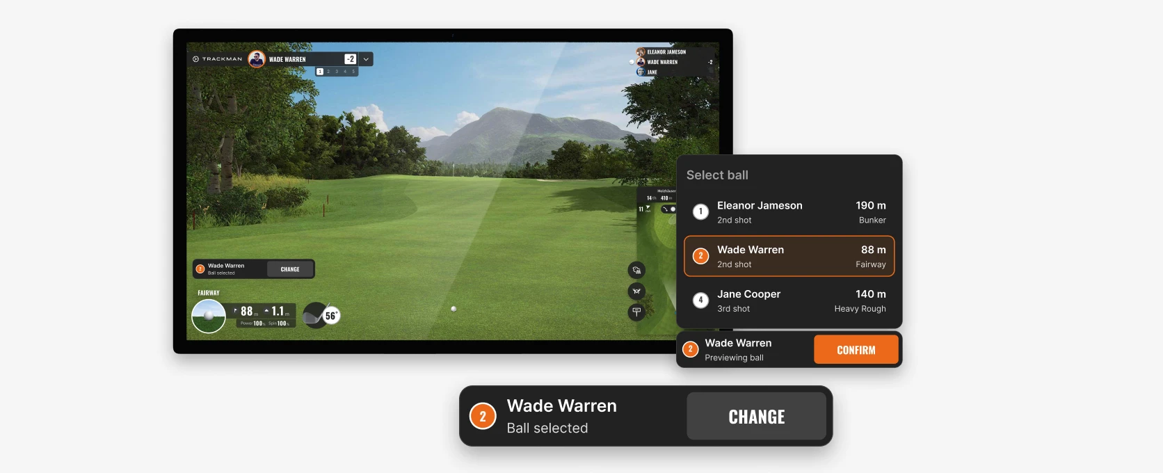Golf simulator screen showing a fairway view and player selection. Wade Warren's ball is selected, 88m to the hole. Options to change or confirm.
