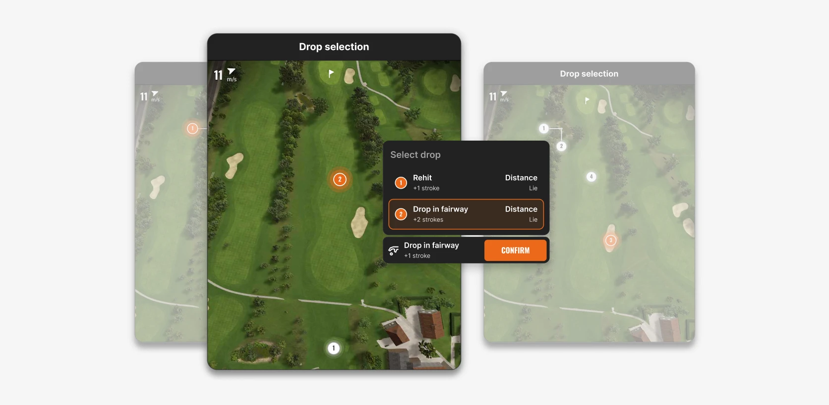 Golf course drop selection interface showing options for stroke penalties and drop locations, with a highlighted "Confirm" button.