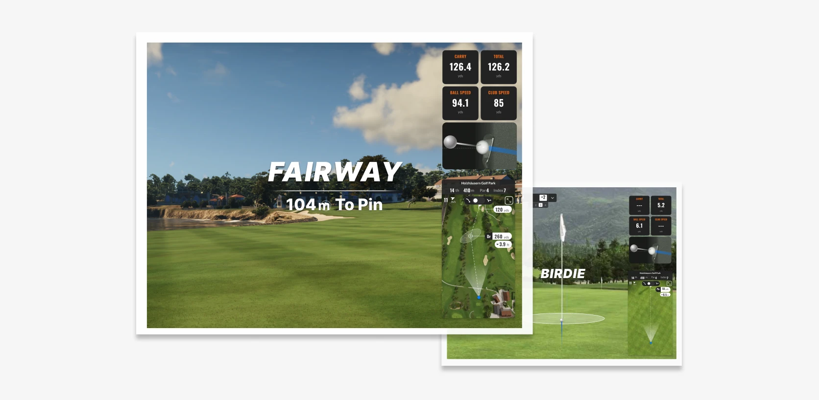 Golf simulator interface showing a fairway with 104m to the pin and shot data. Inset image displays "birdie" near the hole.