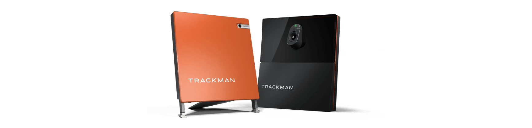 Two Trackman devices: one orange Trackman 4, and one black Trackman iO, both featuring the Trackman logo.
