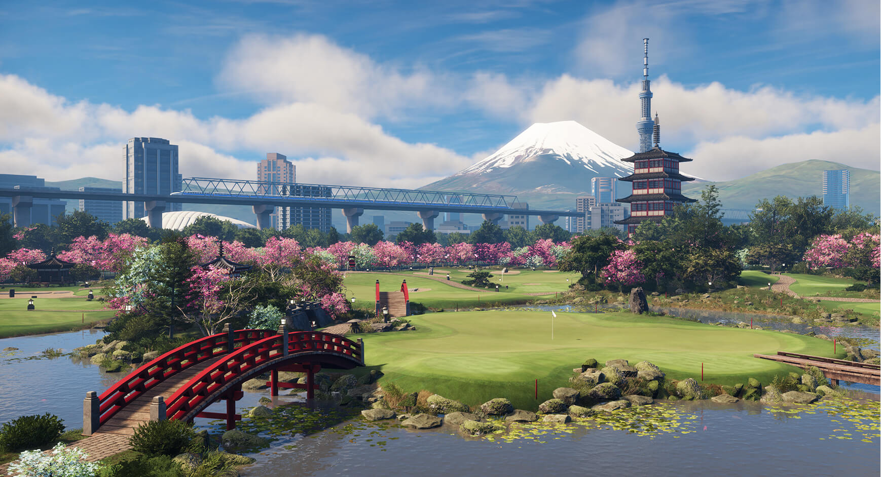 Tokyo Gardens golf course from Trackman Virtual Golf 3, with a red bridge, cherry blossoms, a pagoda, city skyline, and a Mount Fuji in the background.
