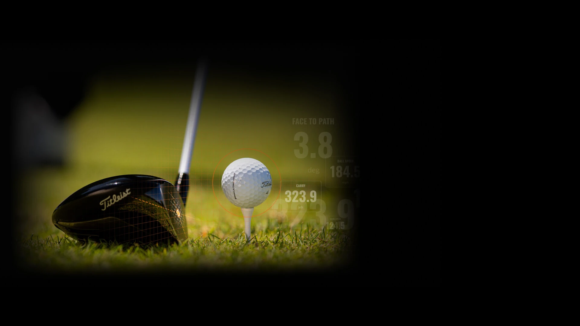 Golf club and ball on tee, ready for a swing, with performance stats overlayed on the right side against a blurred background.