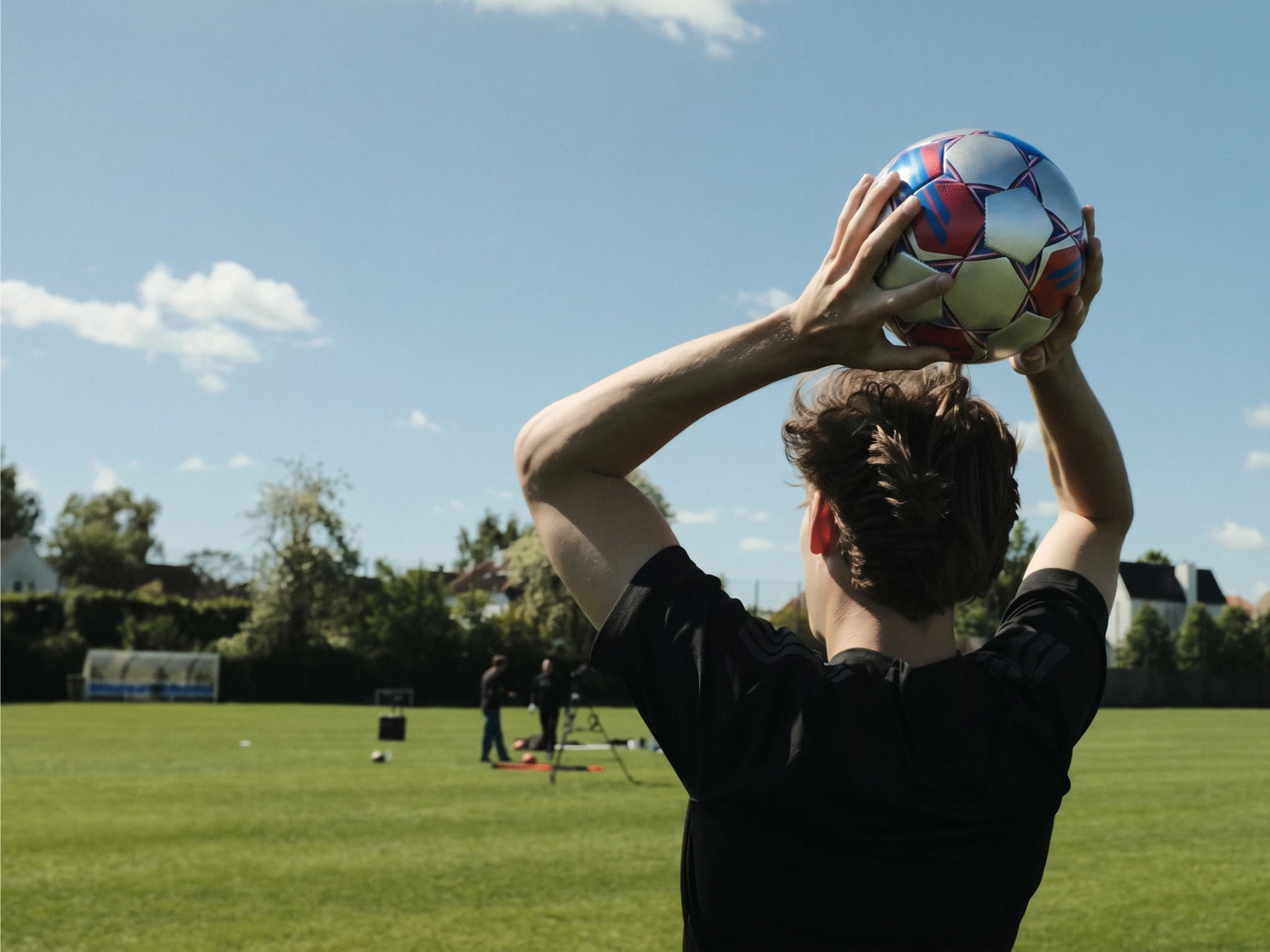 A person prepares to throw a colorful soccer ball on a sunny field, with trees and a blue sky in the background.