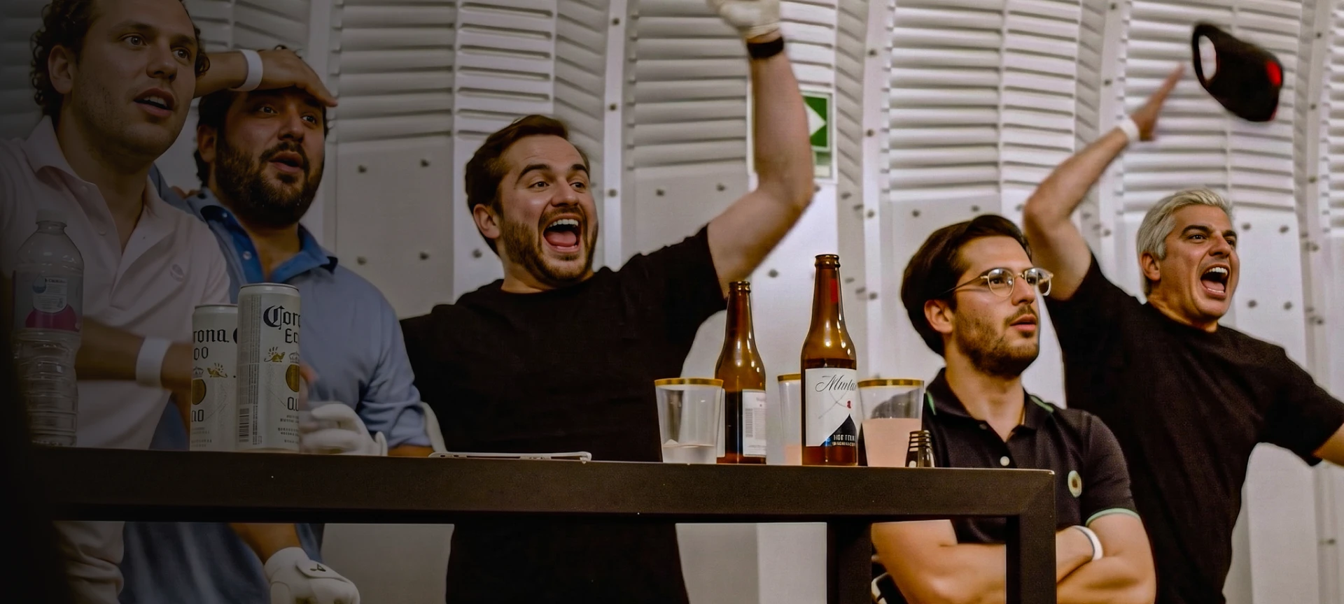 Five men cheering and reacting energetically, with bottles and cans on a table in front of them; a lively atmosphere.