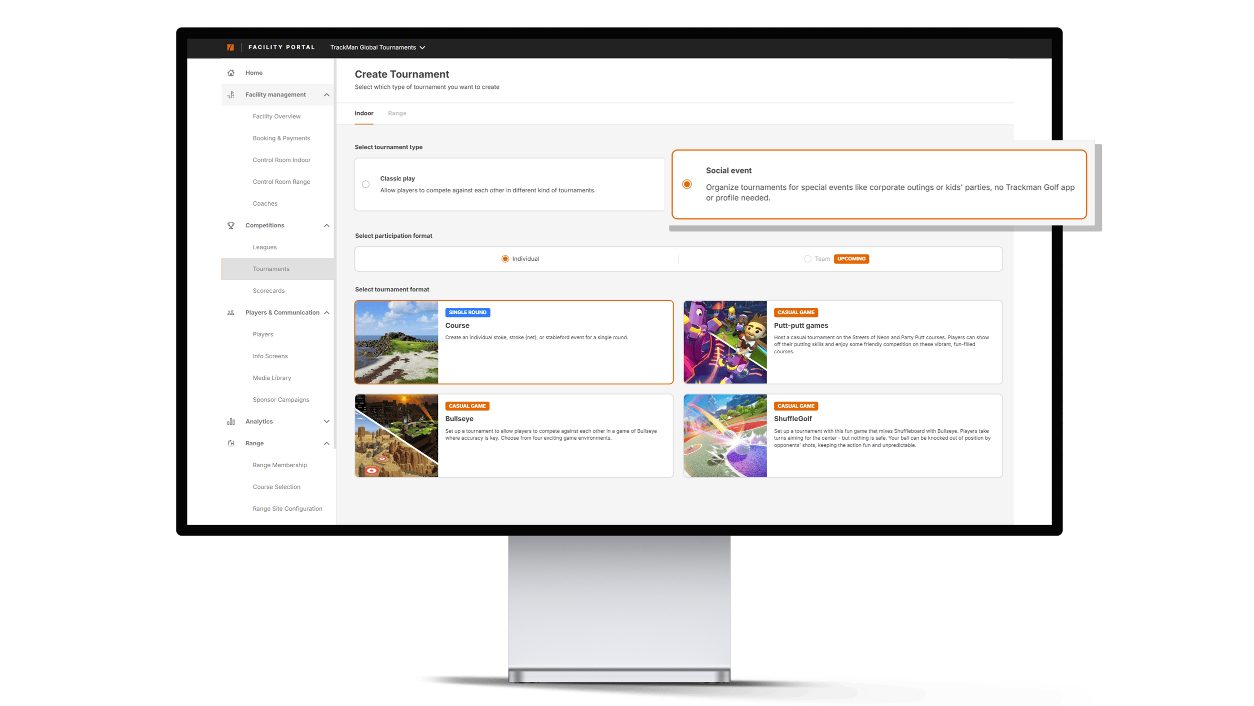 Computer screen displaying a tournament creation interface with options for different game types, including "Race" and "Golf game."