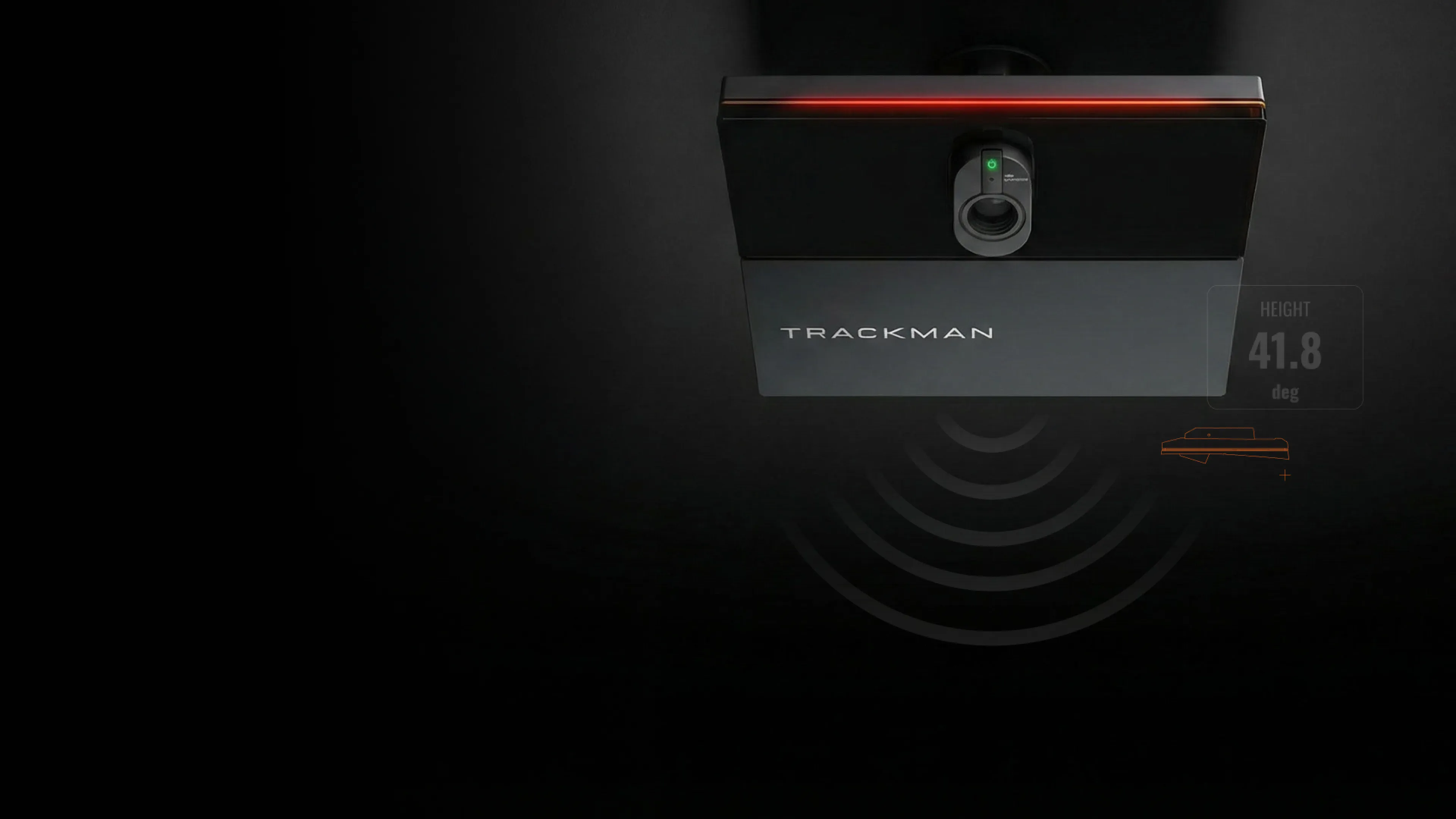 TrackMan device on a dark background with radar waves, red light, and height displayed as 41.8 degrees on the side.