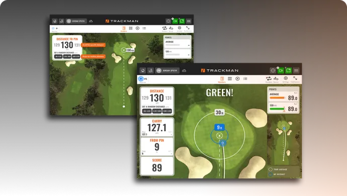 Two TrackMan golf analysis screens showing course maps and detailed shot statistics, including distances, wind speed, and shot accuracy.