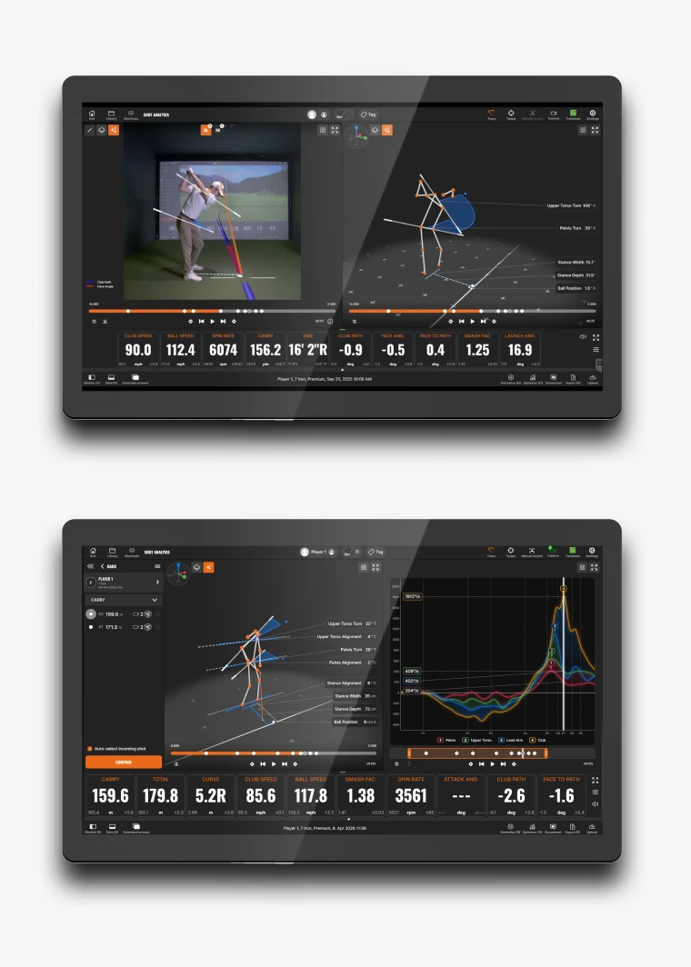 Two screens displaying detailed golf swing analyses, with motion graphics, metrics, and data charts for club speed and ball trajectory.