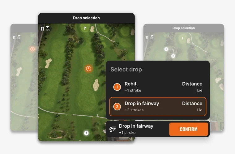 Golf course map interface showing drop options: "Rehit" or "Drop in fairway." Selected action is highlighted with a confirm button.