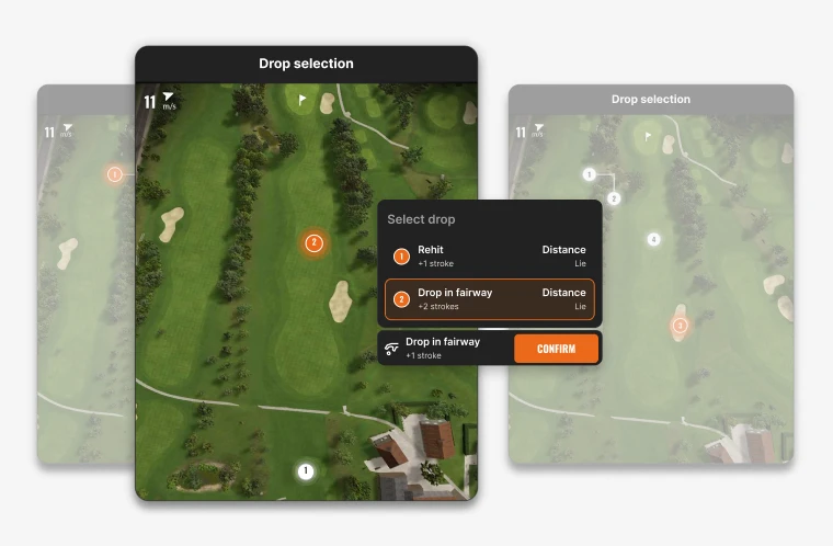 Golf course map showing drop selection options. A menu offers choices: "Rehit" or "Drop in fairway," with stroke penalties. Confirm button visible.