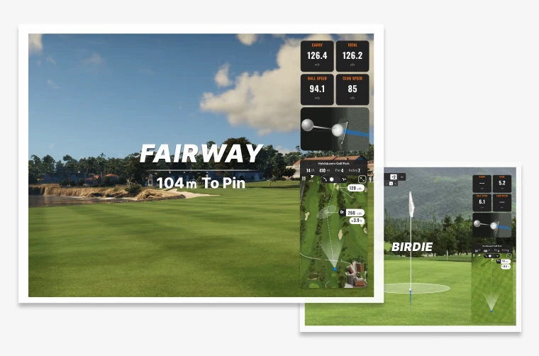 Golf simulator screenshot showing fairway with 104 meters to pin and performance data. Inset shows a putting green with the word "BIRDIE."