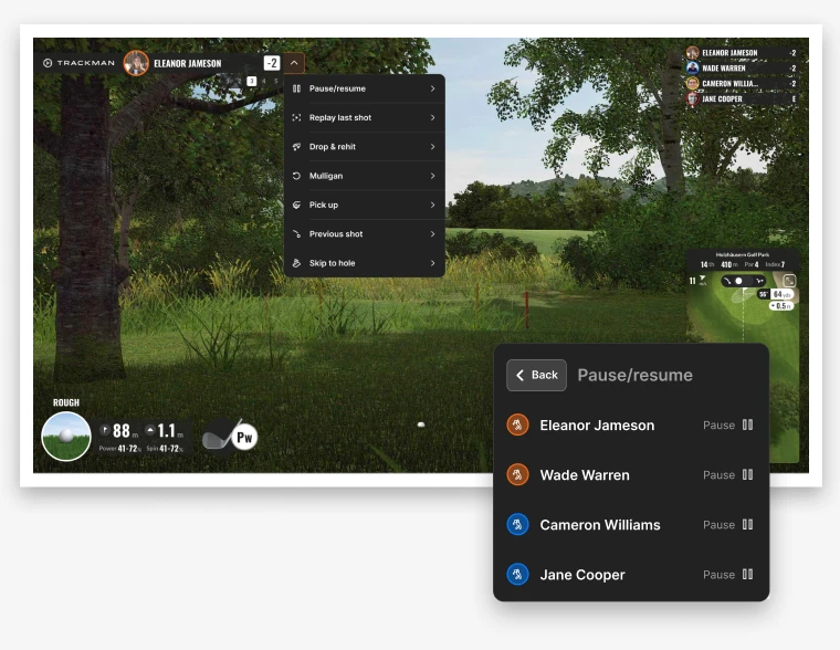 Golf simulation game interface showing a lush green course, player options menu, and a list of paused players on the right.