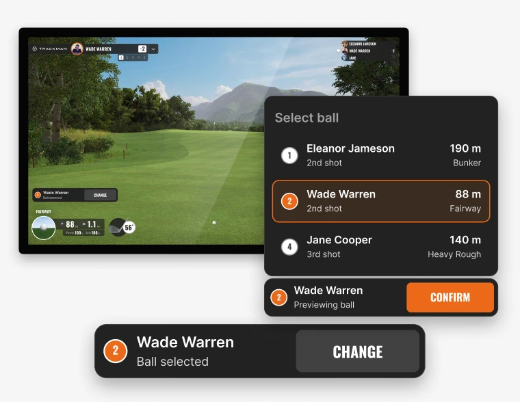 Golf simulation screen showing a fairway with a "Select ball" menu. Wade Warren's ball is selected at 88m on the 2nd shot.