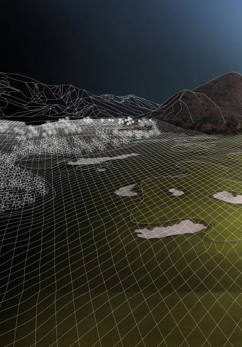 A digital landscape combining wireframe mountains and terrain with real textures, under a dark sky.