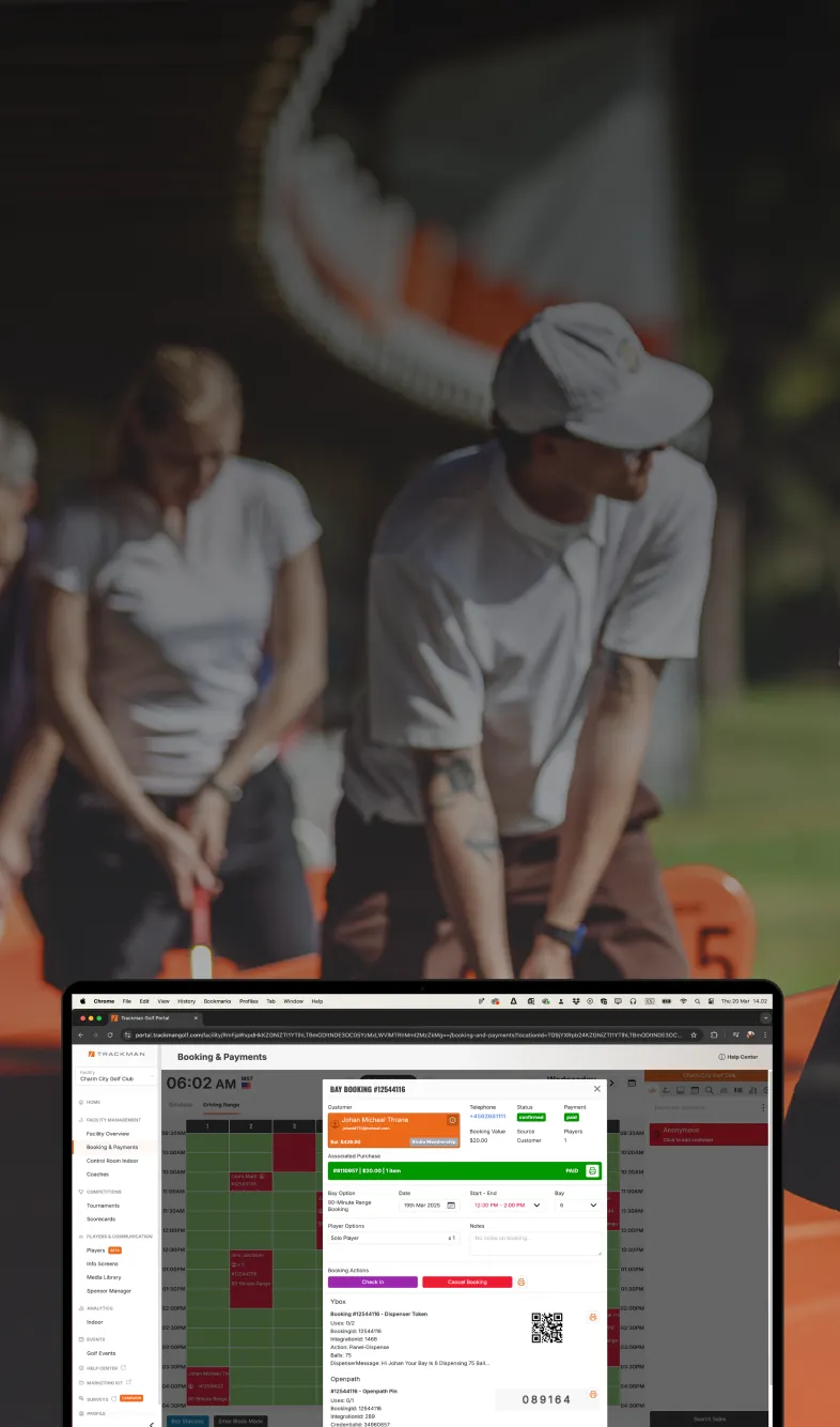 A laptop screen displaying a booking and payment system, with people playing golf in the blurred background.
