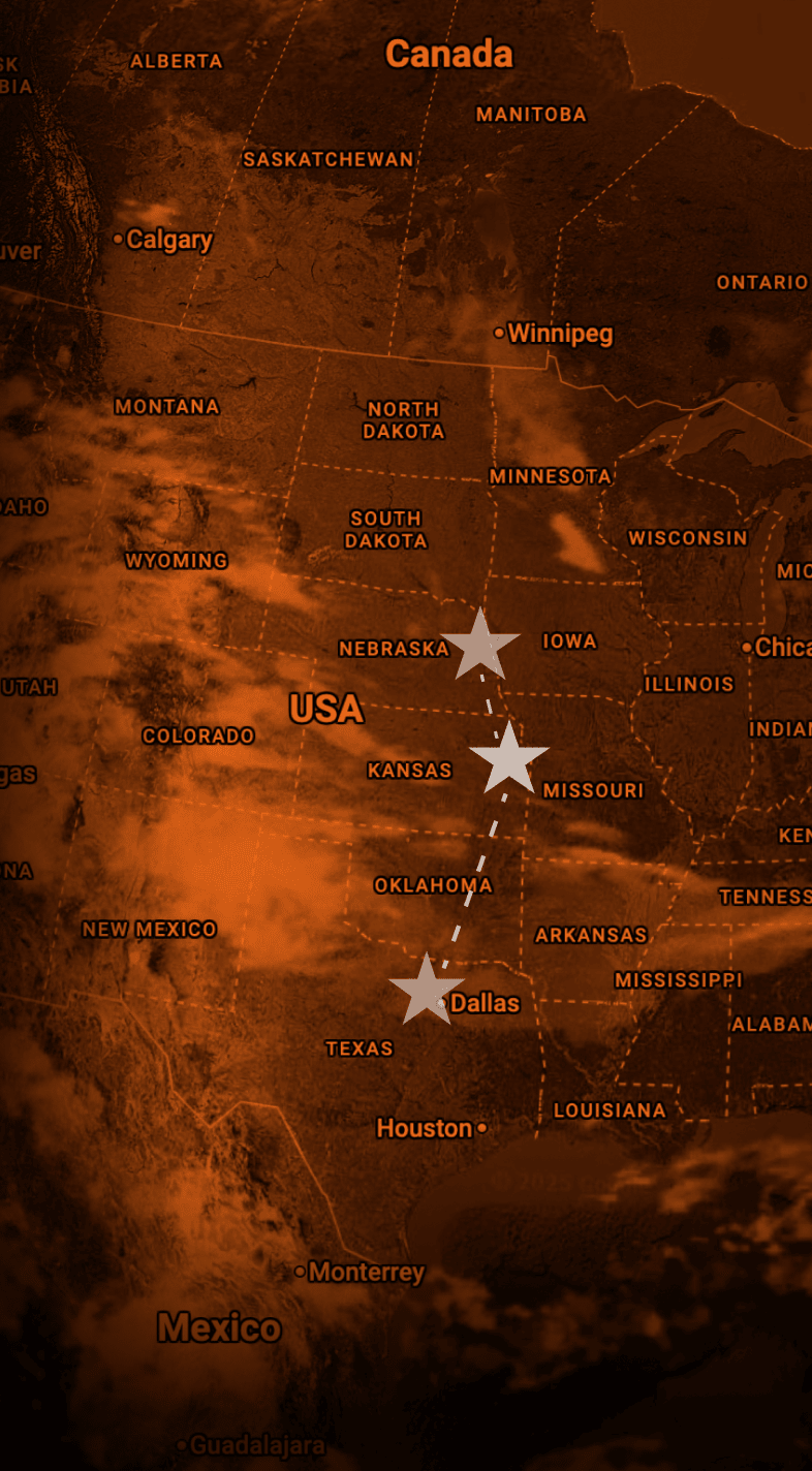 A sepia-toned map of the central United States, highlighting Nebraska, Missouri, and Texas with star symbols.