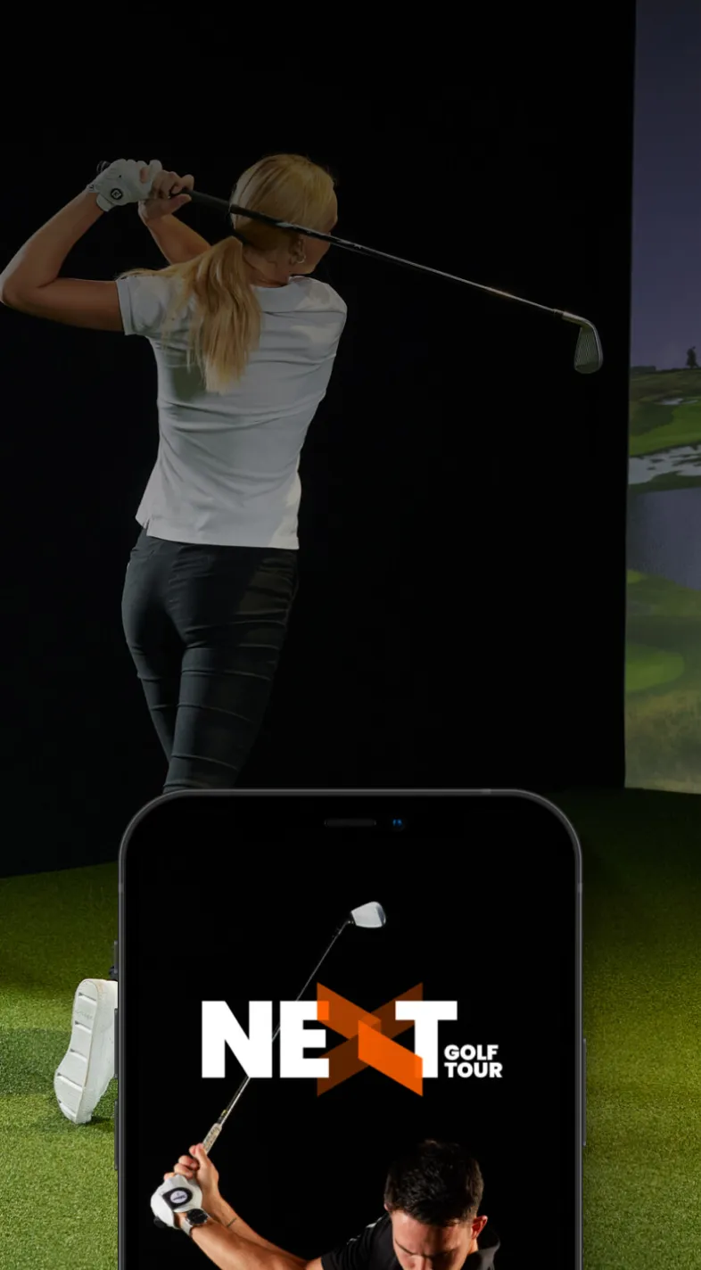 A person swings a golf club indoors. In the foreground, a phone displays the "NEXT Golf Tour" logo.